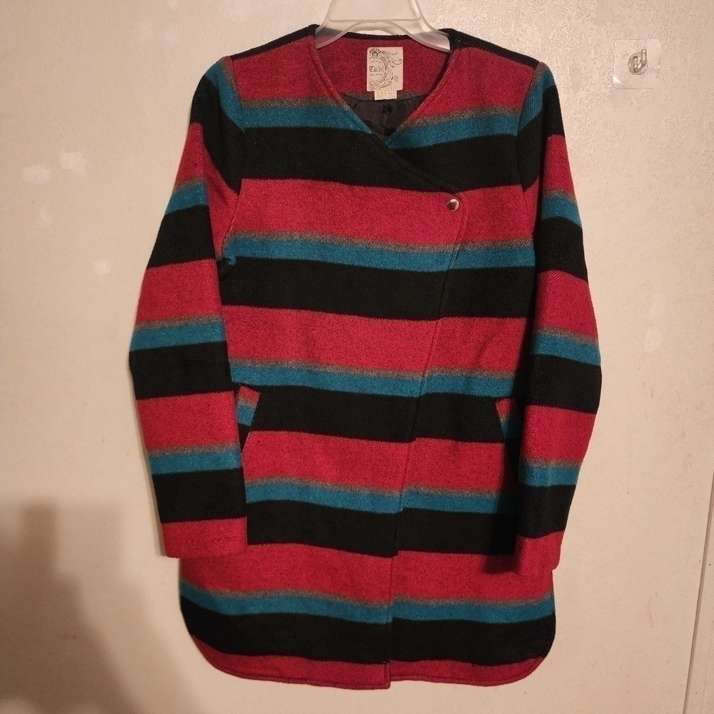 Anthropologie Tulle Wool Blend Striped Coat Snap Button Womens Size M